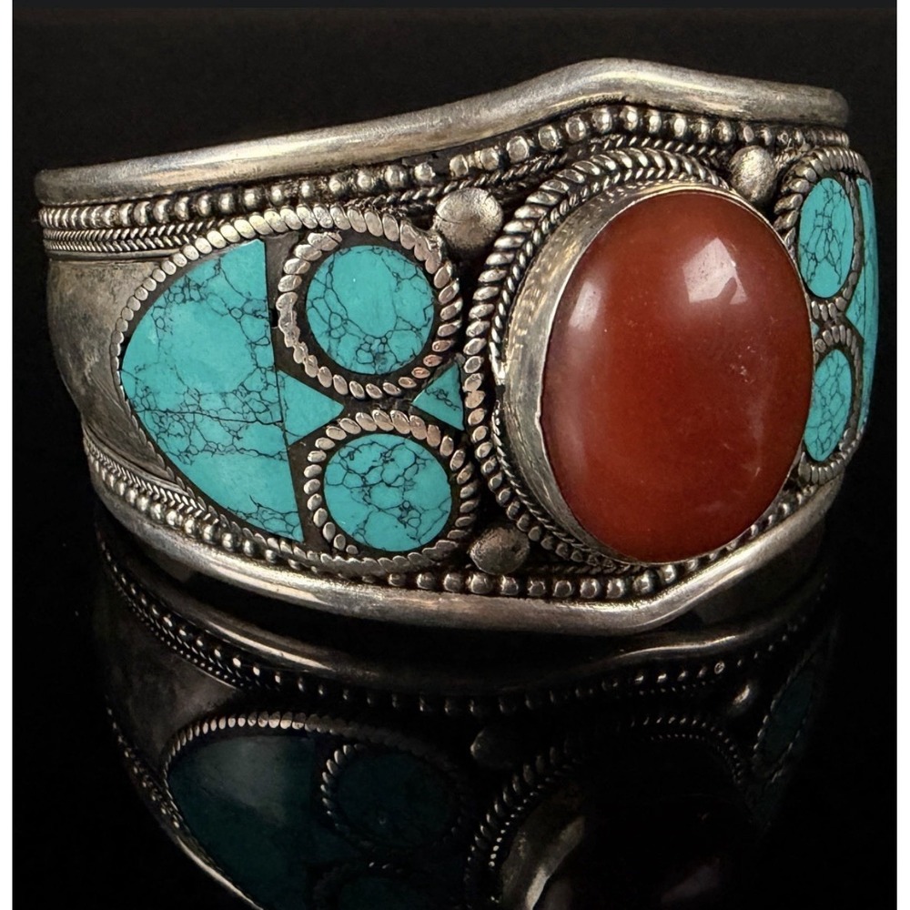 Antique Tibetan Nepali Cuff Bracelet Carnelian Turquoise Inlay Coin Silver 53g